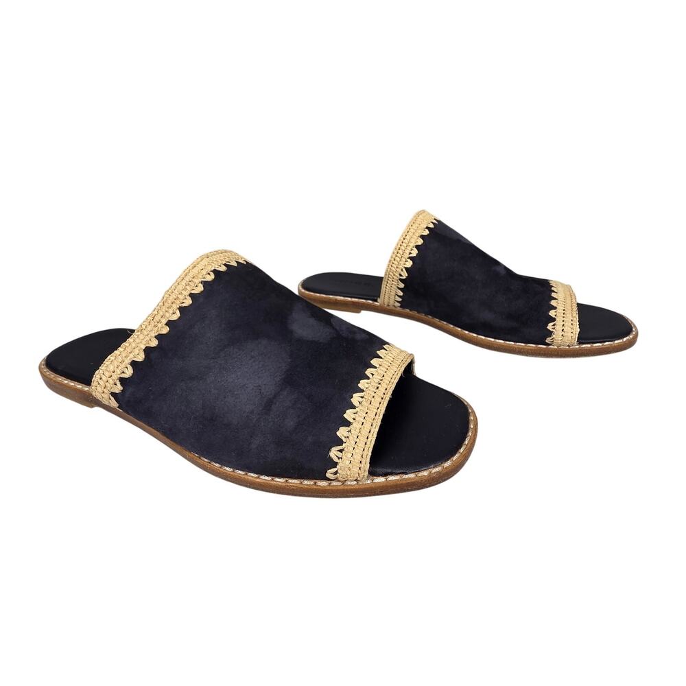 VINCE SUEDE SLIDE SANDALS – WOMEN’S 6.5 (36) – NAVY WITH WOVEN TRIM – VERO CUOIO